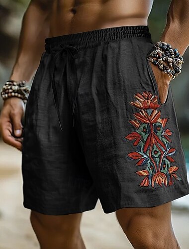  Voor heren Korte broek Linnen korte broek Zomer korte broeken Strandshorts Elastische taille Trekkoord Comfort Ademend Knielengte Buiten Feestdagen Strand Kleding Vakantie Etnische stijl Zwart