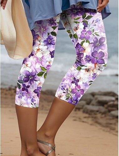  Damen Leggings Capri Hosen mit hoher Elastizität Mode Streetwear lang hohe Taille floraler Druck thermisch warm atmungsaktiv weich Outdoor täglich Rosa Blau Lila Grün Herbst Winter reguläre Passform
