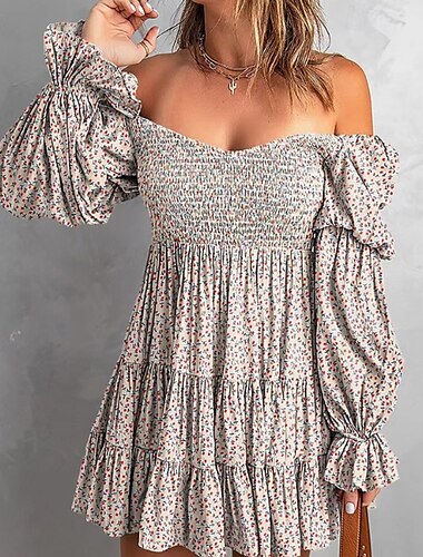  Damen Minikleid Blumenkleid Boho-Kleid Druckkleid Westernkleid Klassisch Modern Outdoor Urlaub Ferien Normale Passform Blume Langarm Schulterfrei Blau Braun Grün Aprikose Sommer