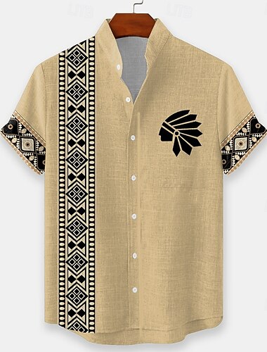  Homme Géométrique Indien Ethnique Chemise Chemise Boutonnée Chemise à col montant Manche Courte Vintage Rétro Vacances Tenue Quotidienne Tenue de plage Été Printemps Col mandarin Impression 3D