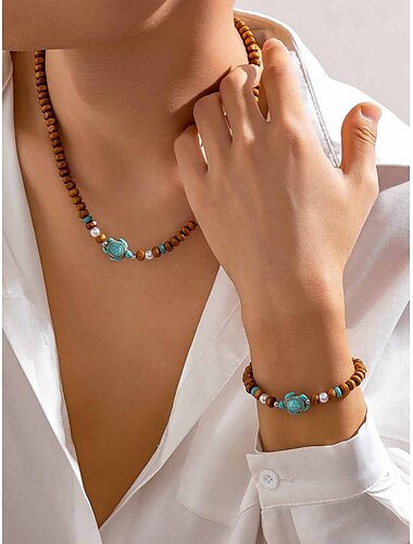  Set aus Halskette und Armband mit Schildkrötenmotiv aus Naturholzperlen für Herren – verstellbarer Schmuck im Boho-Strandstil für den Sommerurlaub und die Freizeit