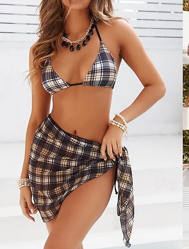  Costumi da Bagno da Donna Bikini Tre Pezzi Abito da Bagno con Gonna Schiena Nuda Slim Vacanza Spiaggia Vestiti Animali a Quadri Collo A V Senza Maniche Costumi da Bagno