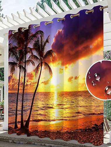  Rideau extérieur imperméable pour la confidentialité rideaux coulissants pour patio rideaux de pergola œillets 3D paysage plage océan pour gazebo balcon porche fête 1 panneau