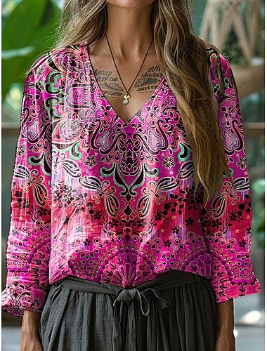  Damen Bluse Blumen Grafik Paisley-Muster Stilvoll Lässig Langarm Dreiviertelarm V Ausschnitt Normale Oberteile Täglich Rosa Blau Orange Grün Sommer Frühling