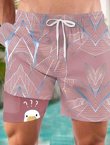  Herren Lustig Ente Palmblatt Gefütterte Shorts 2 in 1 Badeshorts Badeshorts Mittlere Taille Hawaiianisch Urlaub Ferien Strandbekleidung Seitentaschen Mit Kompressionsfutter Elastischer Kordelzug in