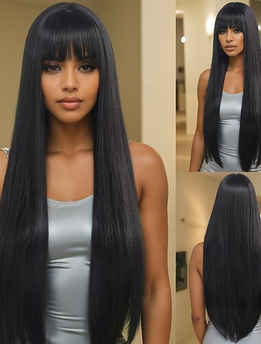  Synthetic Wig kinky Straight Natural Straight Layered Haircut Neat Bang Machine Made Wig 32 inches A1 Synthetic Hair Women's Creative Classic Comfortable Black Brown