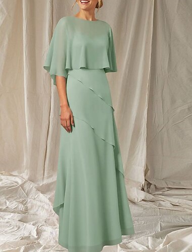  A-Lijn Moeder van de Bruid Jurk Bruiloft Gast Elegante Crew Hals Vloer Lengte Chiffon Halve Mouw met Cascading Ruffles