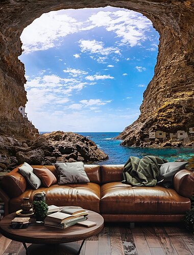  風景 海 洞窟 吊るしタペストリー 壁アート 大型タペストリー 壁画装飾 写真 バックドロップ ブランケット カーテン 家庭 寝室 リビングルーム装飾