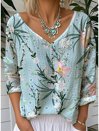  Dames Blouse Bloemig Grafisch Vintage Tropisch Stijlvol 3/4 mouw V-hals Normale tops Wit Geel Blozend Roze blauw Groen Zomer Lente