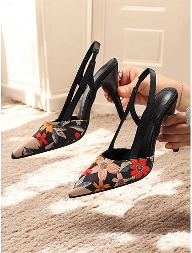  Tacones altos con tira trasera y diseño floral para mujer: elegantes zapatos de tacón de aguja con punta puntiaguda para la oficina, fiestas o eventos nocturnos.