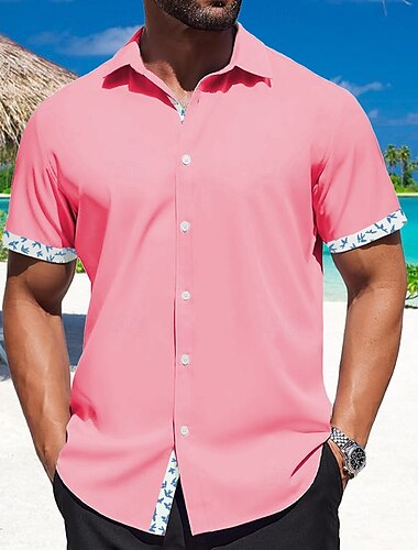  Herren Blatt Pflanzen Hemd Sommerhemd Knopfhemd Kurzarm Modisch lässig Outdoor Urlaub Alltagskleidung Sommer Frühling Umlegekragen 3D-Druck Hemden mit Kragen Rosa Blau Grün