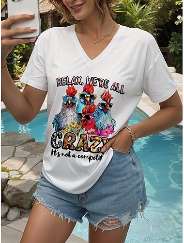  女性用 ブラウス グラフィック 動物 おんどり ヴィンテージ スタイリッシュ クラシック 半袖 Ｖネック レギュラートップス 日常 お出かけ ビーチウェア プリント ブラック ホワイト 夏 春