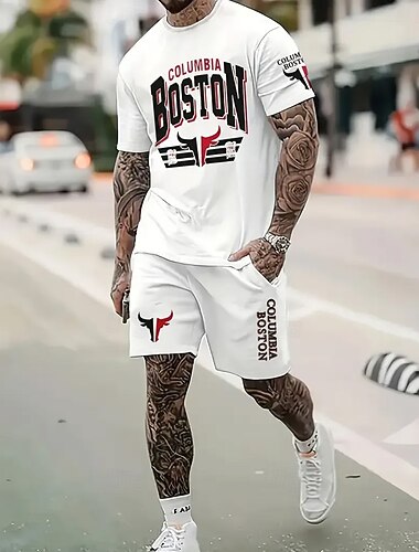  رجالي الرسم نص / عدد 2 قطع مجموعات التيشيرتات قمم الصيف كم قصير بنطلون قصير رقبة عالية مدورة أناقة الشارع تصميم رياضي كاجوال عطلة الرياضة & في الخارج الرياضة طباعة ثلاثية الأبعاد الصيف أبيض