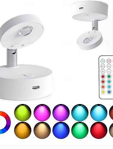  1 foco de luz de color RGB13 con carga, control remoto, lámpara de pared, lámpara mural, lámpara de noche, lámpara de lectura, rotación ajustable