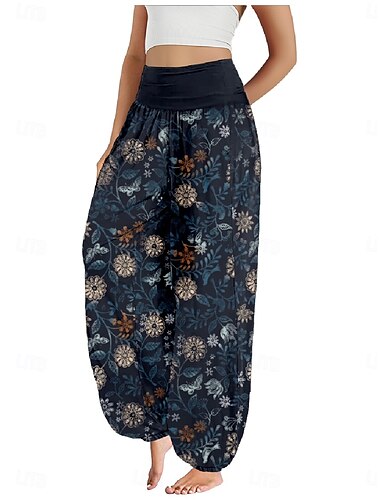  Damen Leinen-inspirierte Hosen Weites Bein Hosen Hose Ethno-Stil Lässig Boho Volle Länge Hohe Taille Blumen Blatt Tropisch Tasche Elastischer Bund Drucken Atmungsaktivität Weich Mikroelastisch