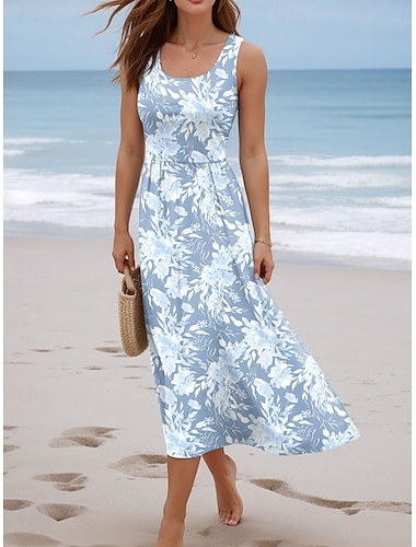  Dames Maxi-jurk Zonnejurk A lijn jurk Slipdress Geplooide jurk Vakantie Casual Boho Uitgaan Strand Normale pasvorm Bloemig Grafisch Mouwloos U-hals blauw Zomer Lente