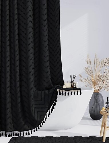  Boho Farmhouse Shower Curtain with Hooks 180cm*180cm(70"*70"), Sage Green Fabric Tufted Chevron Striped Textured Tassel Shower Curtains for Bathroom, Water Repellent