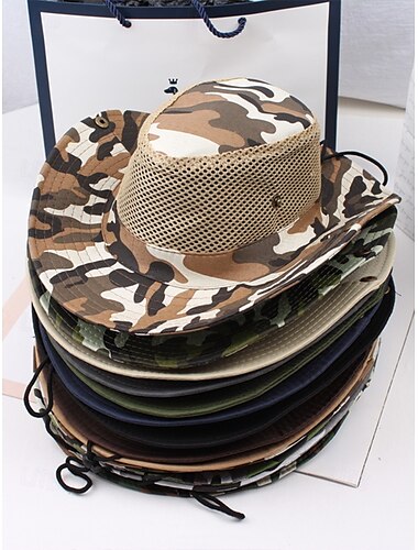  Sombrero para el sol de malla de camuflaje para hombre con ala ancha y correa para la barbilla: sombrero transpirable para senderismo, pesca, viajes y campamentos de verano.