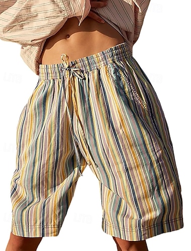  Mujer pantalones Cultivo Boho Longitud de la rodilla Cintura Media A Rayas Bolsillo Diseño de cordón elástico Al Aire Libre Cómodo Vacaciones Noche Rosa Púrpula Claro Naranja Verde Verano Ajuste