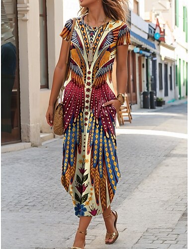  Femmes Robe Midi Robe T-Shirt Robe d'été Occasionnel Boho Chaussures de plage Quotidien Coupe régulière Fleuri Graphique Tribal Manche Courte Col ras du cou Jaune foncé Rouge Bleu Violet Été