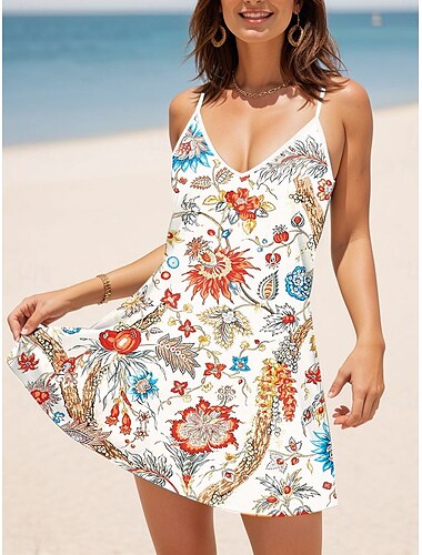 Per donna Mini Abito Vestito Estivo Abito a trapezio Abito Estivo Abito Sottoveste Vacanza Casual Quotidiano Vestibilità regolare Floreale Grafico Senza Maniche Scollo a V Beige Estate