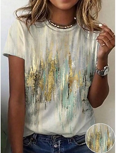  女性用 Tシャツ オンブル' 抽象的 カジュアル 半袖 クルーネック ラウンドネック レギュラートップス 日常 プリント セージグリーン 夏 春