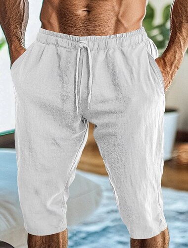  Herren Leinenhosen Caprihose Hose Sommerhose Strandhose Tasche Elastischer Bund Einfach Komfort Atmungsaktiv Urlaub Täglich Ferien Hawaiianisch Boho Weiß Armeegrün