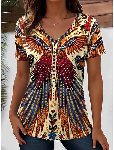  Damen T Shirt Grafik Geometrisch Paisley-Muster Bohemien Vintage Stilvoll Kurzarm V Ausschnitt Normale Oberteile Täglich Ausgehen Strandbekleidung Druck Schwarz + Weiß + Rot Schwarz Weiß Rote Purpur