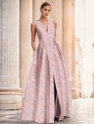  Jacquard Rosa A-Line Abendkleid Elegantes Kleid Formelle Hochzeit Bodenlänge Ärmellos V-Ausschnitt Tasche Nylon mit Schlitz Tasche Hochzeitsgastkleid 2025