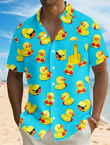  Herren Tiermotiv Lustig Ente Hemd Sommer Hawaiihemd Knopfhemd Kurzarm Hawaiianisch Urlaub Ferien Strandbekleidung Sommer Umlegekragen 3D-Druck Eine Tasche vorne Leinenähnliches Hemd Rote Blau Orange