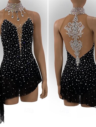  Eiskunstlaufkleid Damen Mädchen Eislaufen Kleid Schwarz Patchwork Asymmetrischer Saum Netzstoff Spandex Hohe Elastizität Training Wettbewerb Eiskunstlaufkleidung Klassisch Kristall / Strass Ärmellos