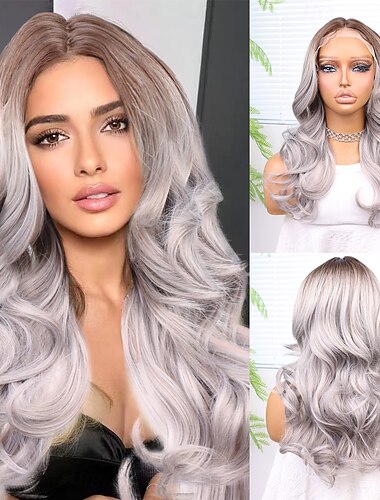  Peruca sintética Onda de Corpo Estilo 18 polegada Cinza Parte do meio 13x4 Lace Front Peruca Mulheres Peruca Prata