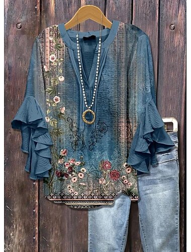  Damen Bluse mit gestuften Rüschensäumen Floral Grafik Paisley Täglich Stilvoll Lässig 3/4-Ärmel V-Ausschnitt Reguläre Oberteile Tägliches Urlaubsbekleidung Druck Gelb Pink Blau Staubblau Sommer