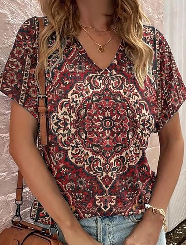  Dam Blus Blommig Ledigt Kortärmad V-hals Vanliga toppar Dagligen Helgdag Utekväll Mönster Gul Rubinrött Purpur Grön Beige Sommar