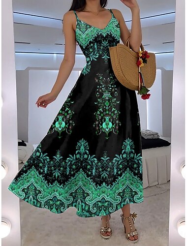  Damen Maxikleid A Linie Kleid Unterkleid Urlaub Lässig Boho Ausgehen Strand Normale Passform Blumen Grafik Paisley-Muster Ärmellos V Ausschnitt Schwarz Rote Blau Purpur Sommer Frühling