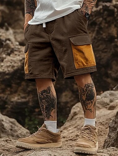  Homme Shorts cargo Short de camping Short décontracté Shorts de Randonnée Short en velours côtelé Cordon de serrage Taille Élastique Multi-poches Bloc de Couleur Uni Confort Doux Longueur Genou