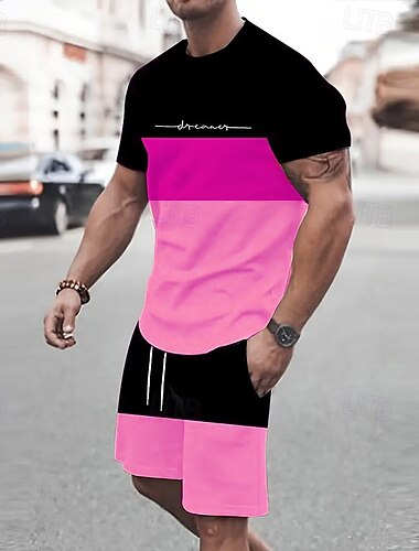  Herren Gestreift 2St T-Shirts-Sets Sommeroberteile Kurzarm Kurze Hosen Rundhalsausschnitt Sport Lässig Outdoor Urlaub Sport 3D-Druck Sommer Schwarz Gelb Grün