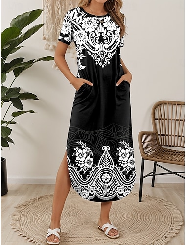  Femmes Robe Midi Robe T-Shirt Robe d'été Occasionnel Quotidien Coupe régulière Graphique Tribal Manche Courte Col ras du cou Blanche Bleu Violet Été