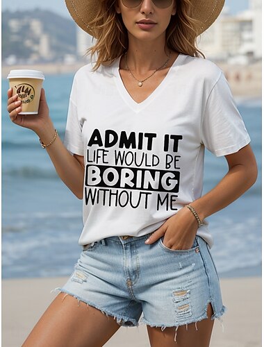  Women's Blouse Graphic Letter Vintage Stylish Classic Short Sleeve V Neck Regular Tops Daily Going out Beach Wear Print Black White Summer Spring