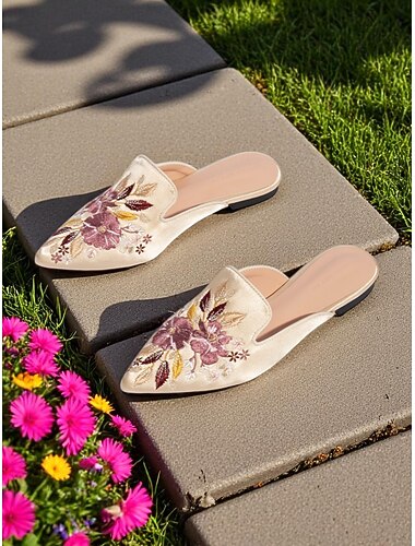  Mules da donna in raso con punta affilata e ricamata – ballerine slip-on vintage con motivo floreale per appuntamenti casual e passeggiate all'aperto