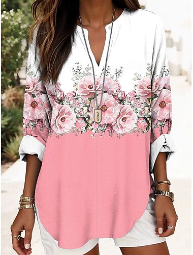  Damen Bluse Blumen Grafik Abstrakt Elegant Täglich Langarm V Ausschnitt Normale Oberteile Täglich Druck Rosa Rote Blau Purpur Grün Sommer Frühling