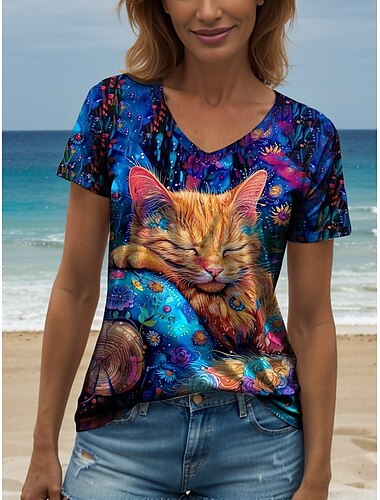  Damen T Shirt Blumen Grafik Tiermotiv Vintage Stilvoll Klassisch Kurzarm V Ausschnitt Normale Oberteile Täglich Druck Regenbogen Sommer Frühling