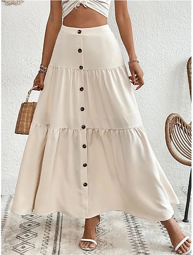  Dames Rok Maxi Rok A-lijn Mode Casual Maxi Hoge Taille Rokken Effen Micro-elastisch Straat Dagelijks Kameleonkleur Abrikoos Zwart Lichtbruin Zomer Polyester