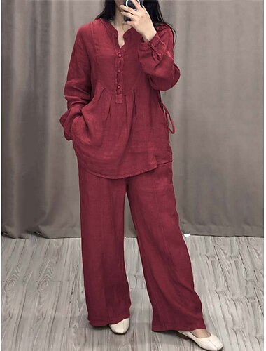  Damen 2 Teile Mode Streetwear Basis Shirt Bluse Langarm V-Ausschnitt Einfarbig Leinen Outdoor Arbeit Lässig Schwarz Wein Dunkelmarine Sommer Reguläre Passform