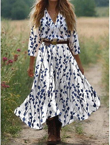  Női Boho Ruha Nyugati Ruha Vintage Maxi Ruha Napernyő Ruha Ráncost Ruha Vakáció Hétköznapi Boho Kimenő Tengerpart Normál Illeszkedés Virágmintás 3/4 Hosszú Ujjú V Nyak Fehér Világos Zöld Kék