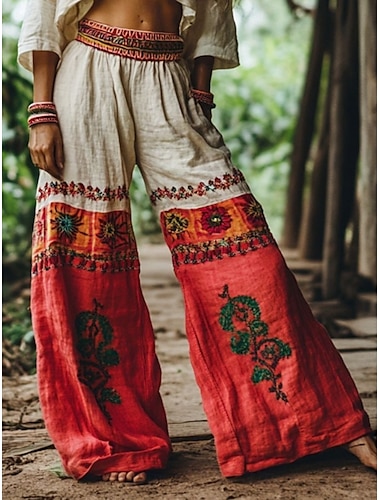  Dames Boho Broeken Wijde Pijpen Chino's Vakantie Vintage Etnische Stijl Volle Lengte Hoge Taille Bloemprint Zak Elastische Tailleband Afdrukken Comfortabel Zacht Comfortable Micro-elastisch Buiten