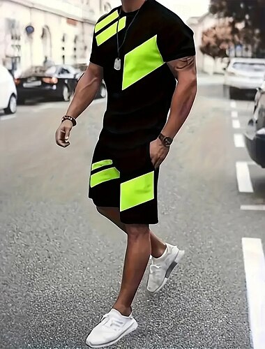 Herren Geometrisch 2St T-Shirts-Sets Sommeroberteile Kurzarm Kurze Hosen Rundhalsausschnitt Athleisure Sport Lässig Täglich 3D-Druck Sommer Rubinrot Grau Grün