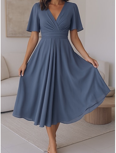  Femmes Robe Midi Robe Décontractée Robe évasée Élégant Moderne Mature Extérieur Bureau Date Coupe régulière Uni Manche Courte Col en V Bleu Été