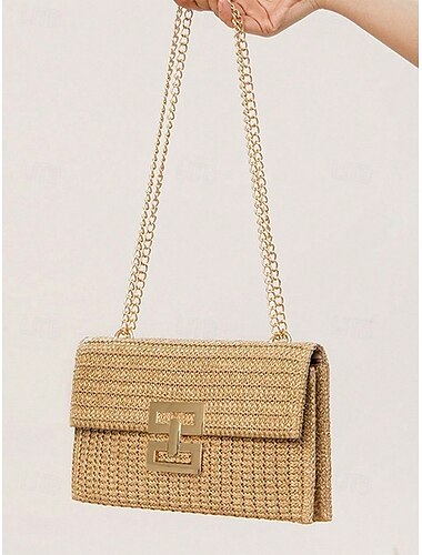  Bolso de hombro de paja tejida para mujer con correa de cadena dorada: un elegante bolso de mano de verano para conjuntos de playa, vacaciones y resort.