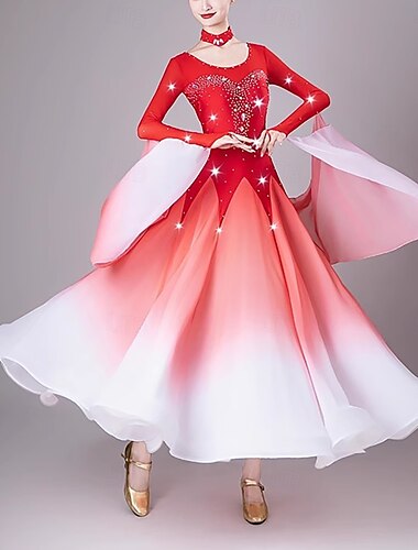  elegantes Gesellschaftstanzkleid Damen Performance Walzer Tanzkleid Langarm Strass moderne Tanzbekleidung Kostüme